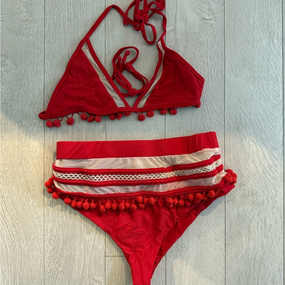 Tularosa Red Bikini with Pom Pom Trim